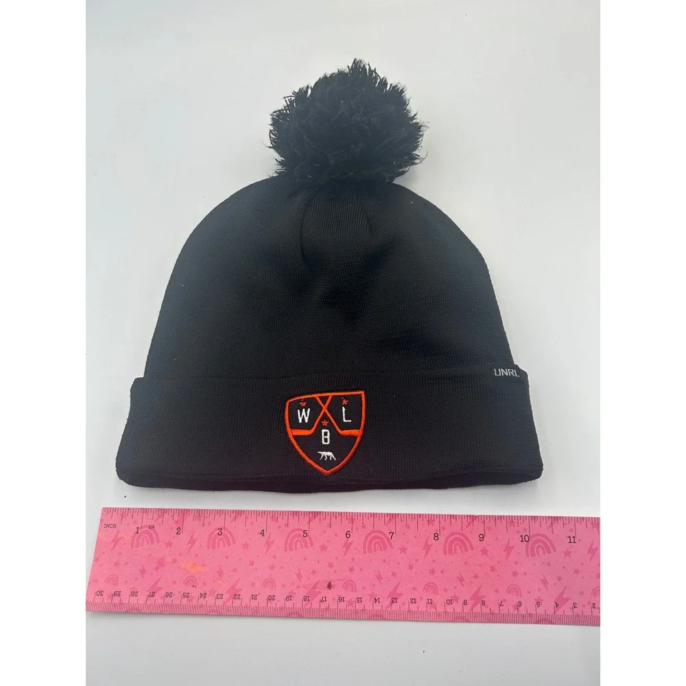 UNRL Black Knit Pom Beanie Hat Orange Shield Logo #18 Thermal Lining B914